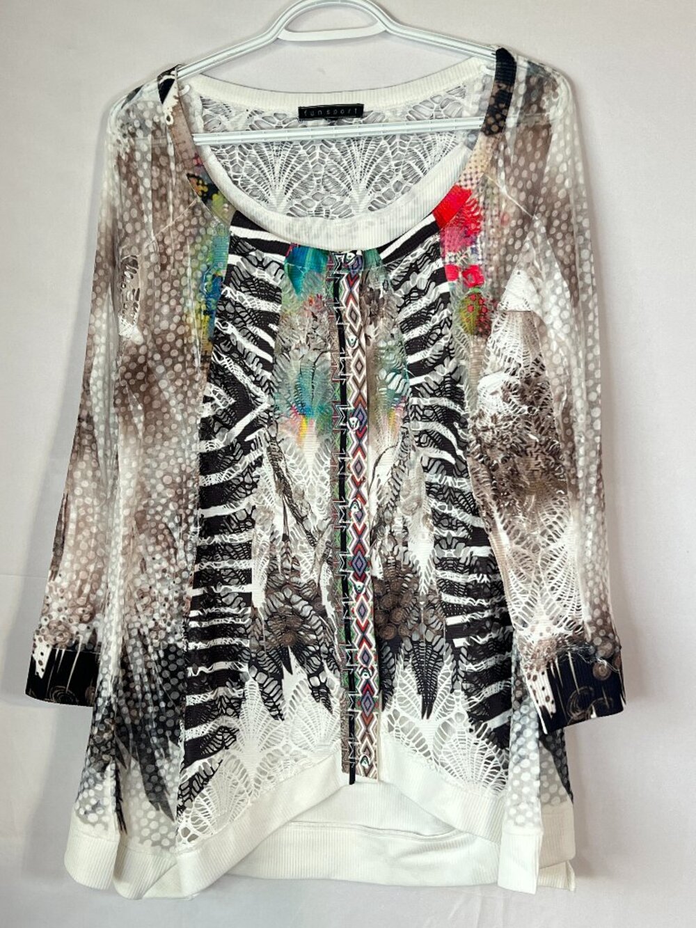 FUNSPORT Mixed‑Media Lace & Print Top | Artsy Boho Eclectic | Lightweight Airy
